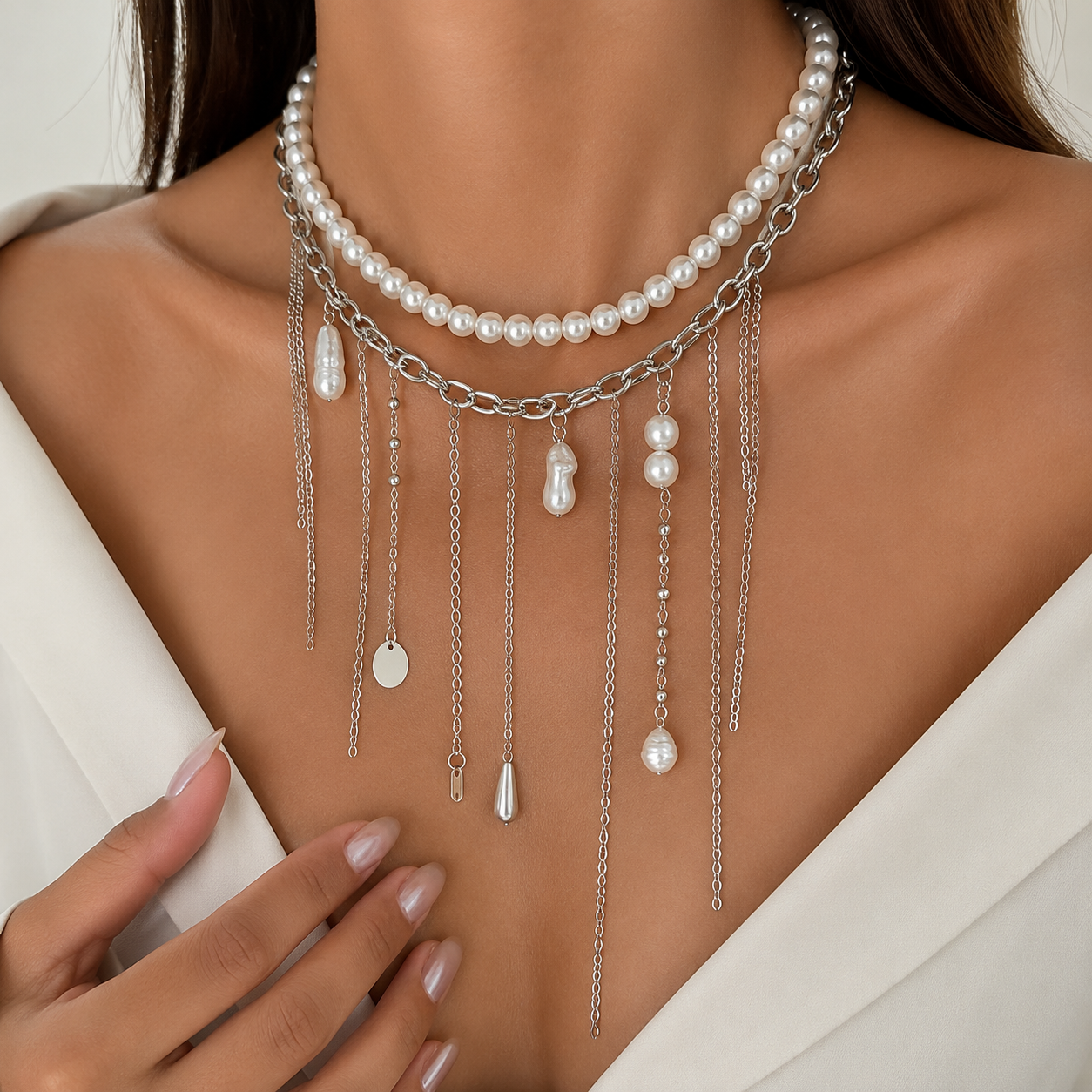 Eleganter Perlen Choker mit silbernen Kaskadenketten