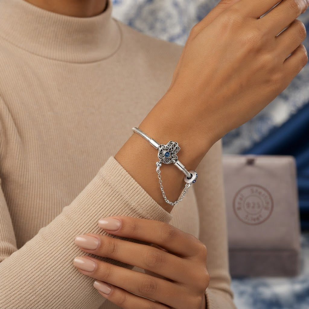Schutzengel & Hamsa 925 Sterling Silber Armband