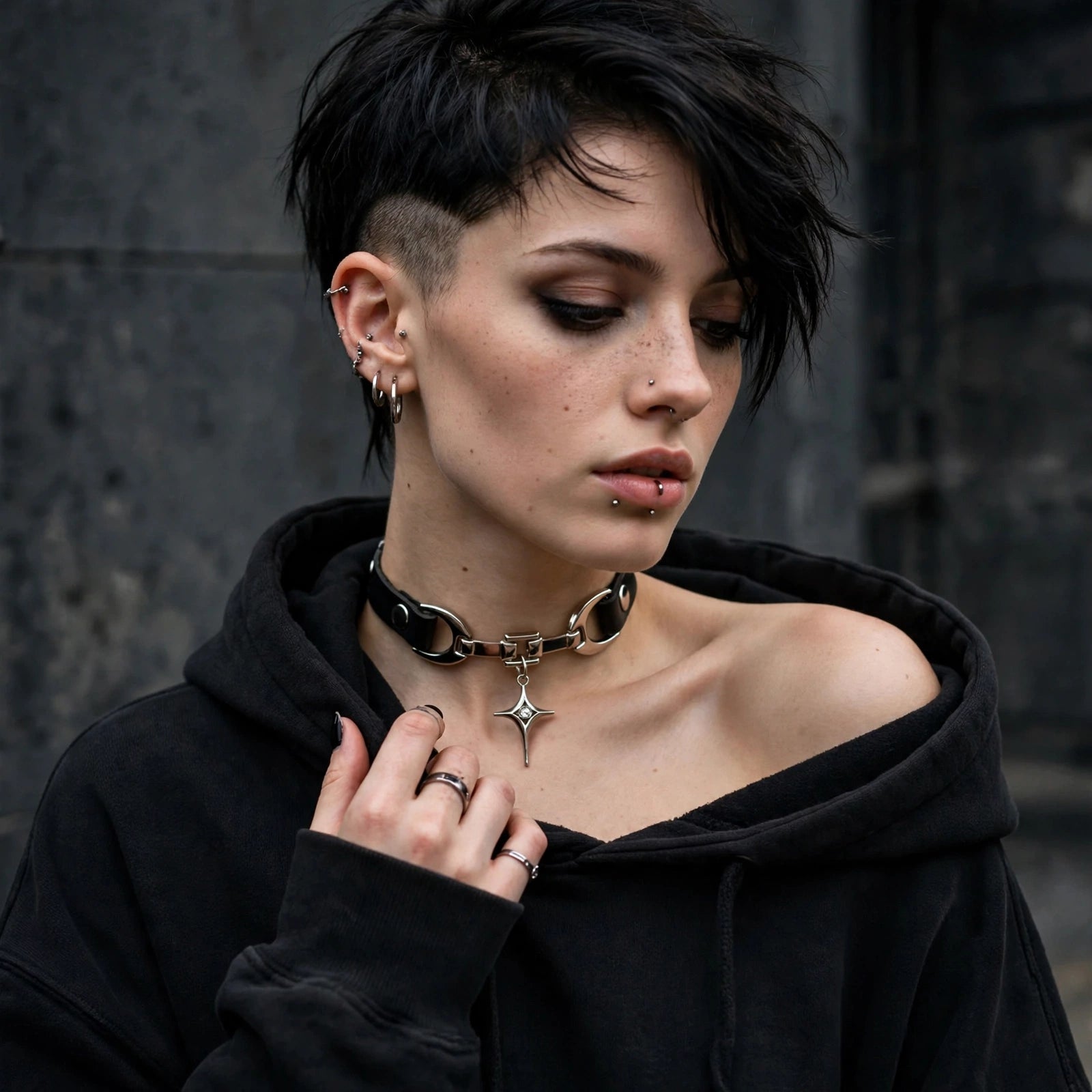 Schwarzer PU-Leder Choker mit Frontverschluss und Sternanhänger